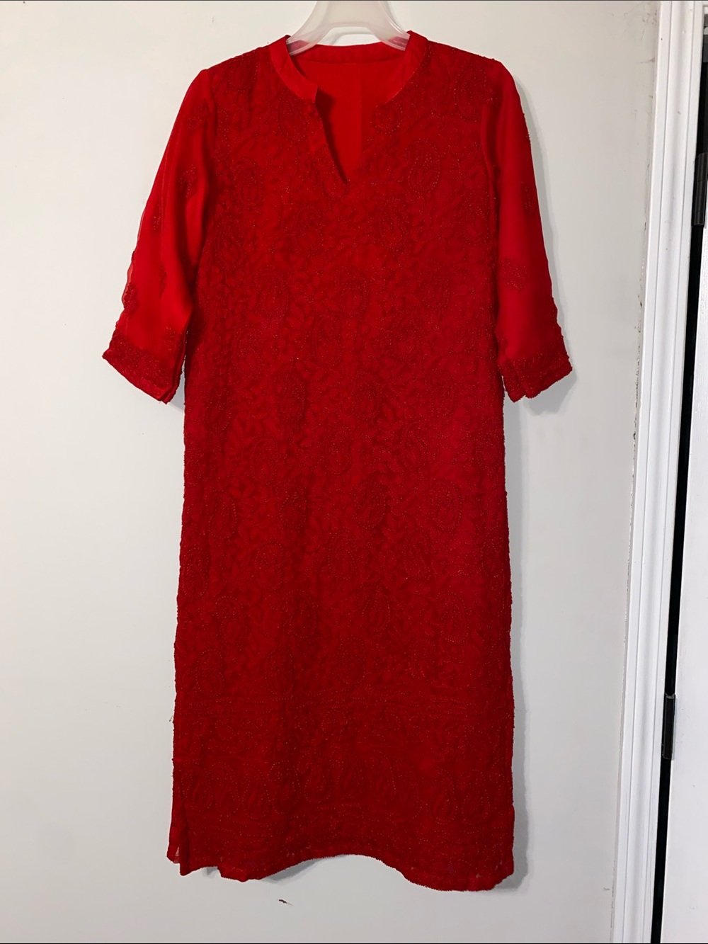Elegant Red Embroidered Lace Midi Dress with Three-Quarter Sleeves
